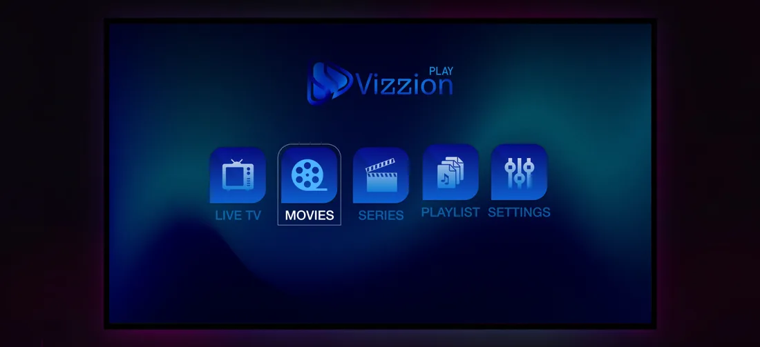 Vizzion Play na TV: menu com Live TV, Movies, Series, Playlist e Settings